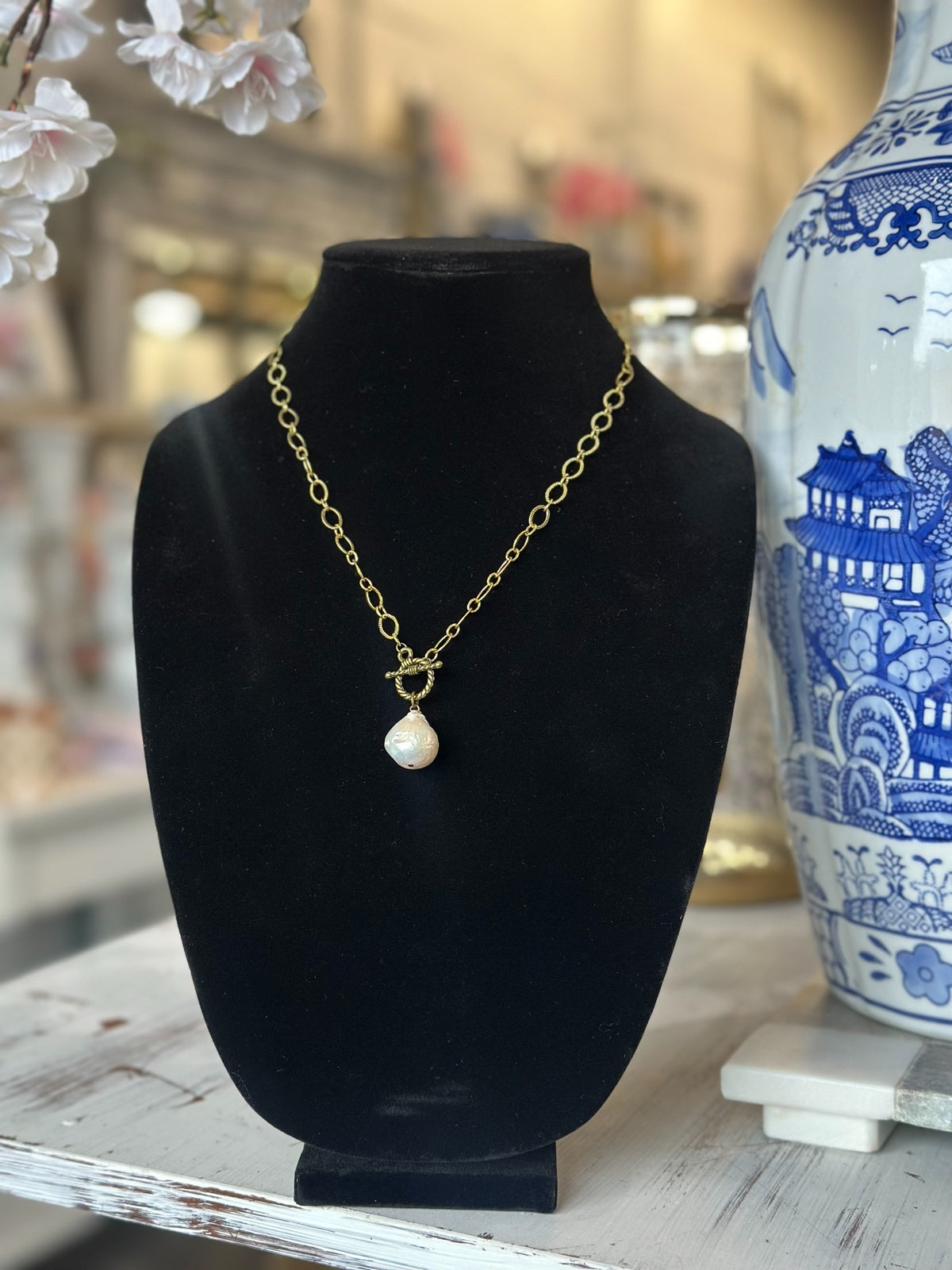 Gold Toggle Necklace with Baroque Freshwater Pearl Drop