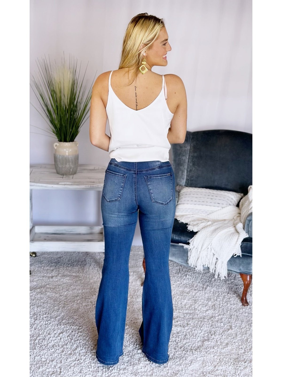 Shadow Denim Mid Rise Banded Wider Flare Jeans