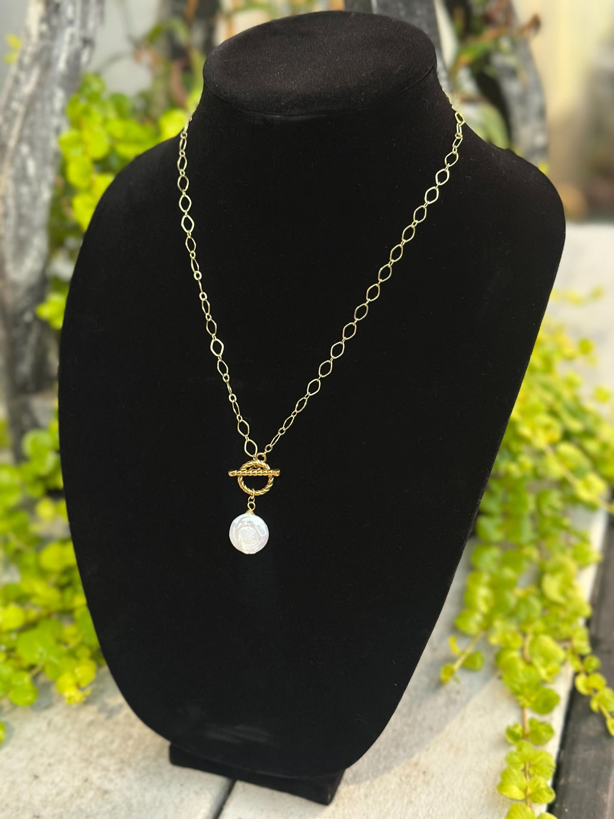 Gold Oval Link Toggle Necklace with Carved Mother of Pearl Pendant
