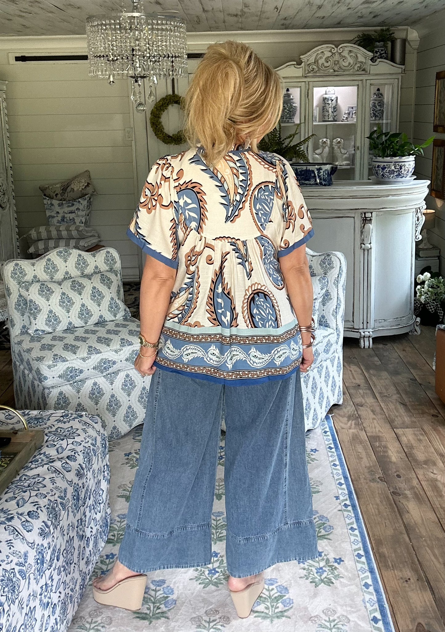 Blue mix paisley border print tassel top