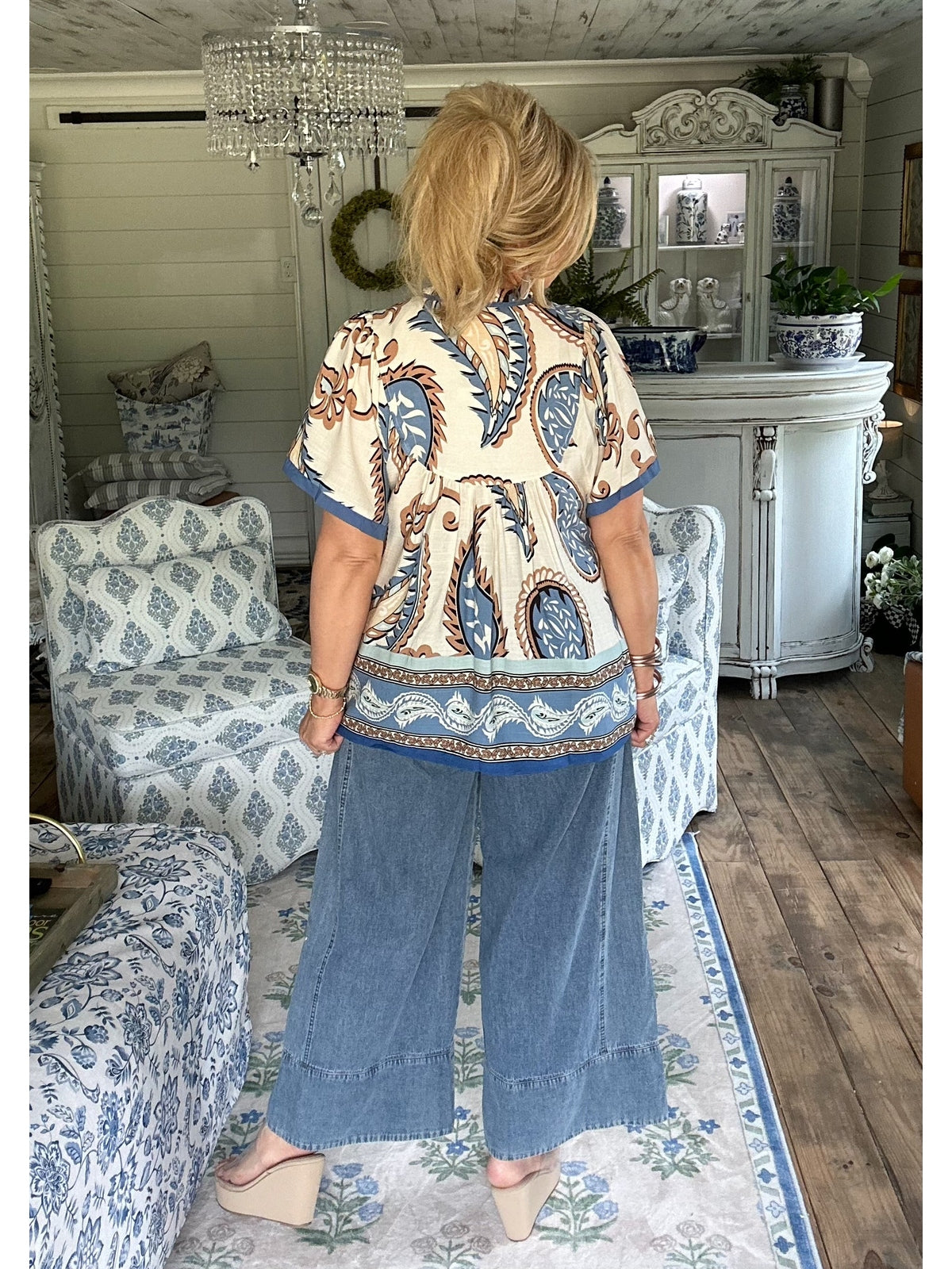 Blue mix paisley border print tassel top