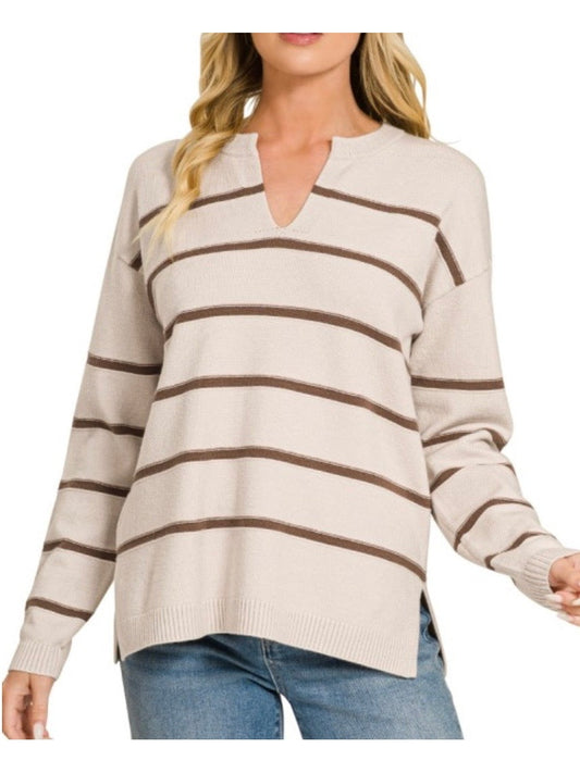 Bone/Brown Viscose Split Neck Striped Sweater