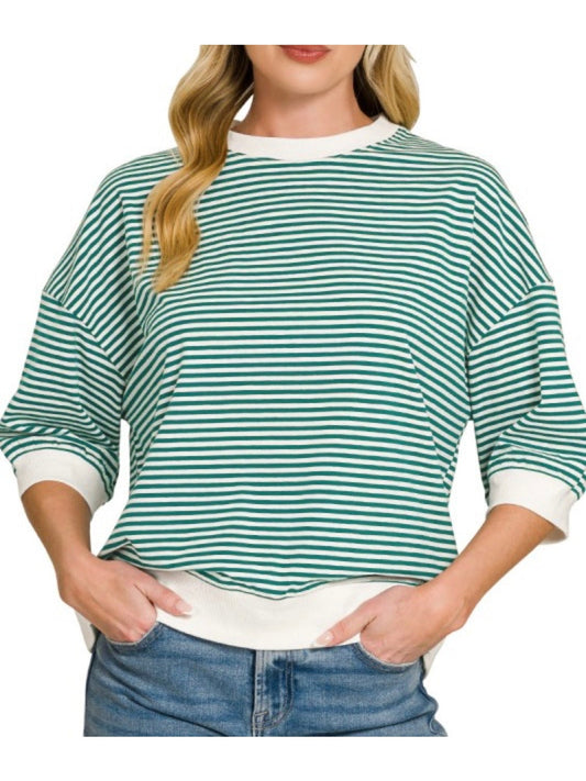 Hunter Green striped contrast, trim, rib, banded top.