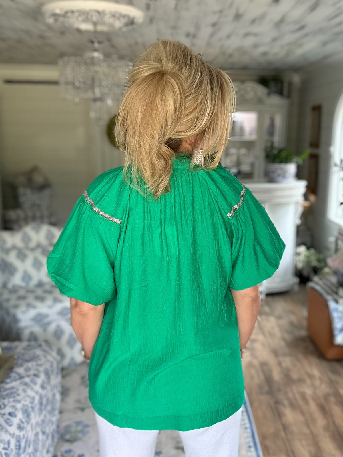 Kelly Green embroidered floral puff sleeve blouse