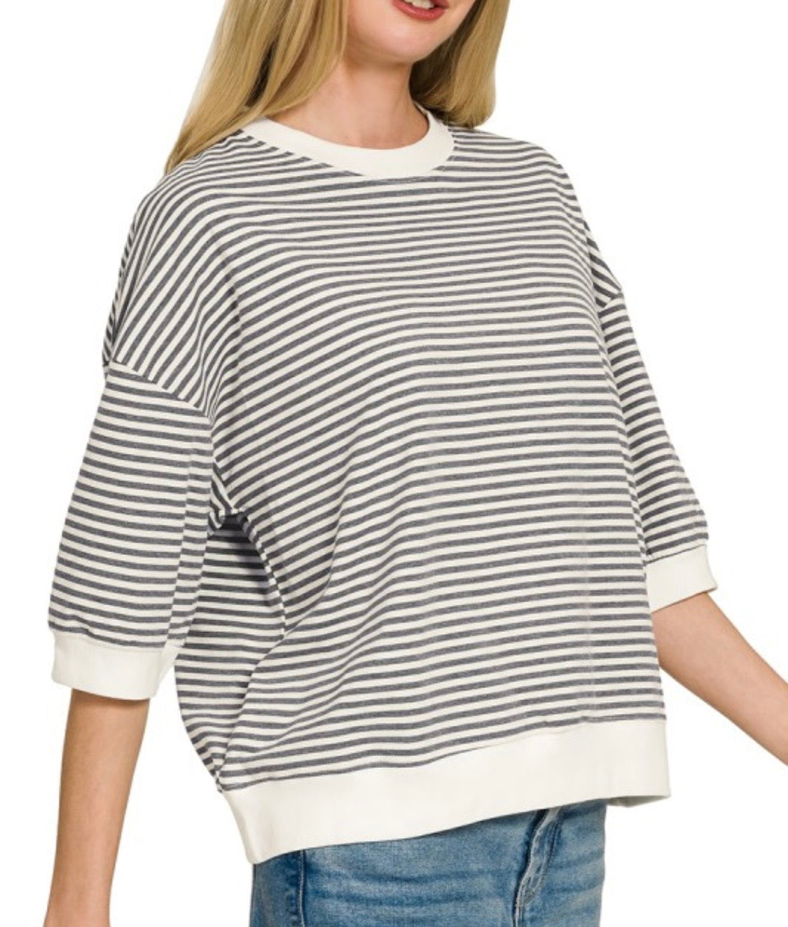 Charcoal Striped contrast, trim, rib, banded top.
