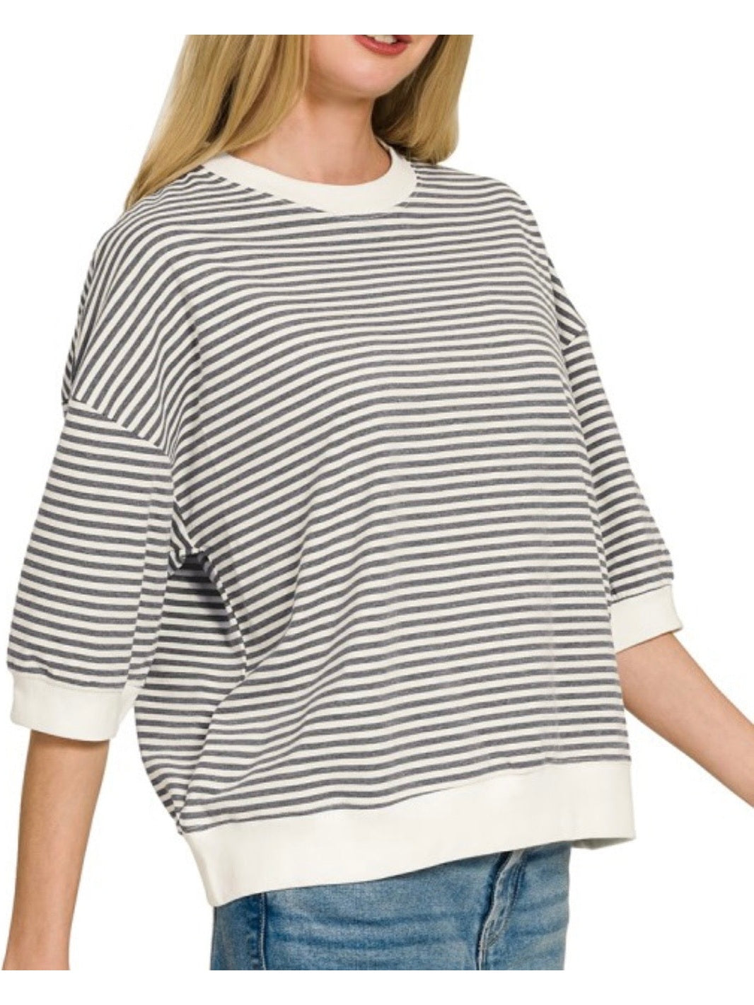 Charcoal Striped contrast, trim, rib, banded top.