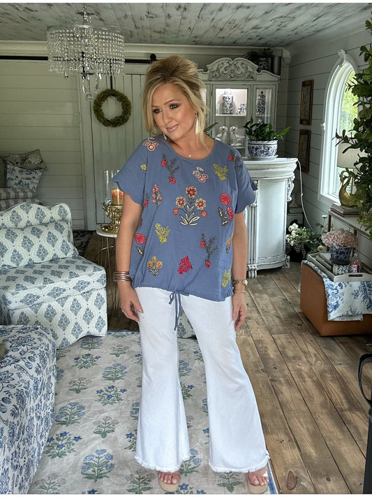 Denim embroidered botanical top