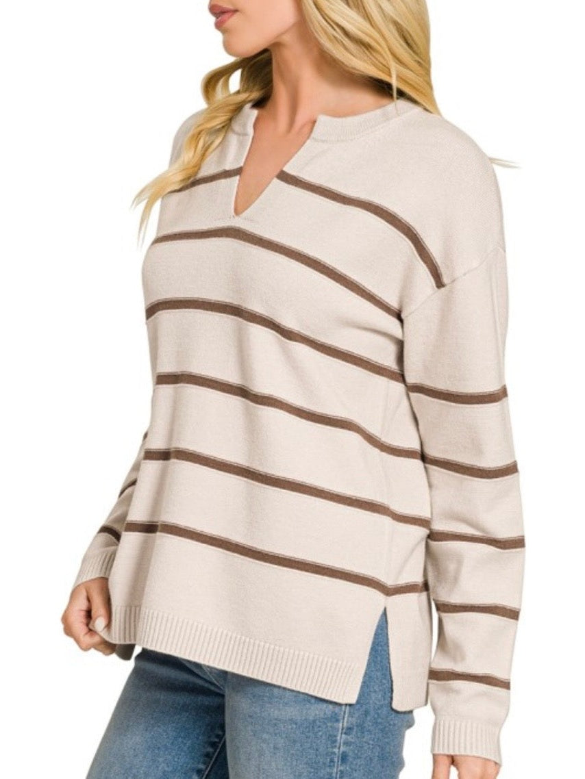 Bone/Brown Viscose Split Neck Striped Sweater
