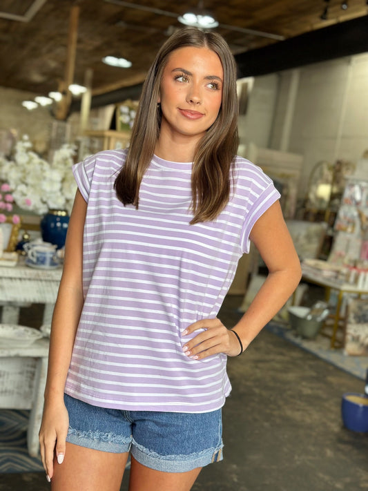 Lavender/White Stripe Rolled Sleeve Relaxed Top