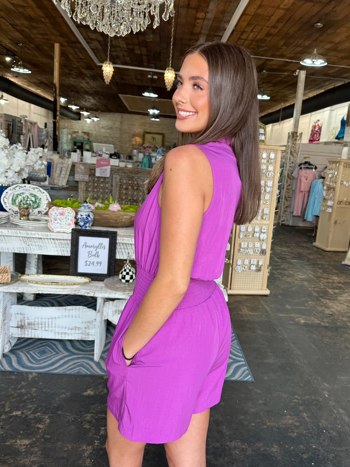 Viola Smocking Sleeveless Front Zip Romper