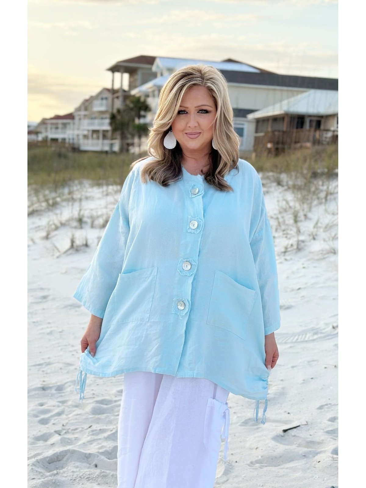 Match Point Plus Ice Blue Frayed Button Down Jacket