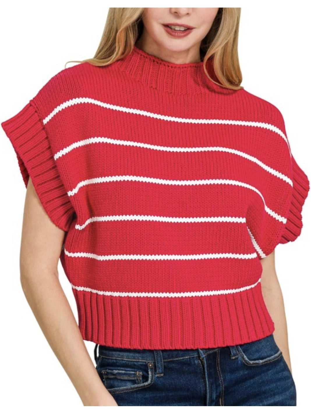 STRIPED CROPPED MOCK NECK SWEATER