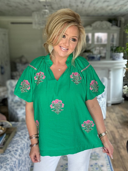 Kelly Green embroidered floral puff sleeve blouse