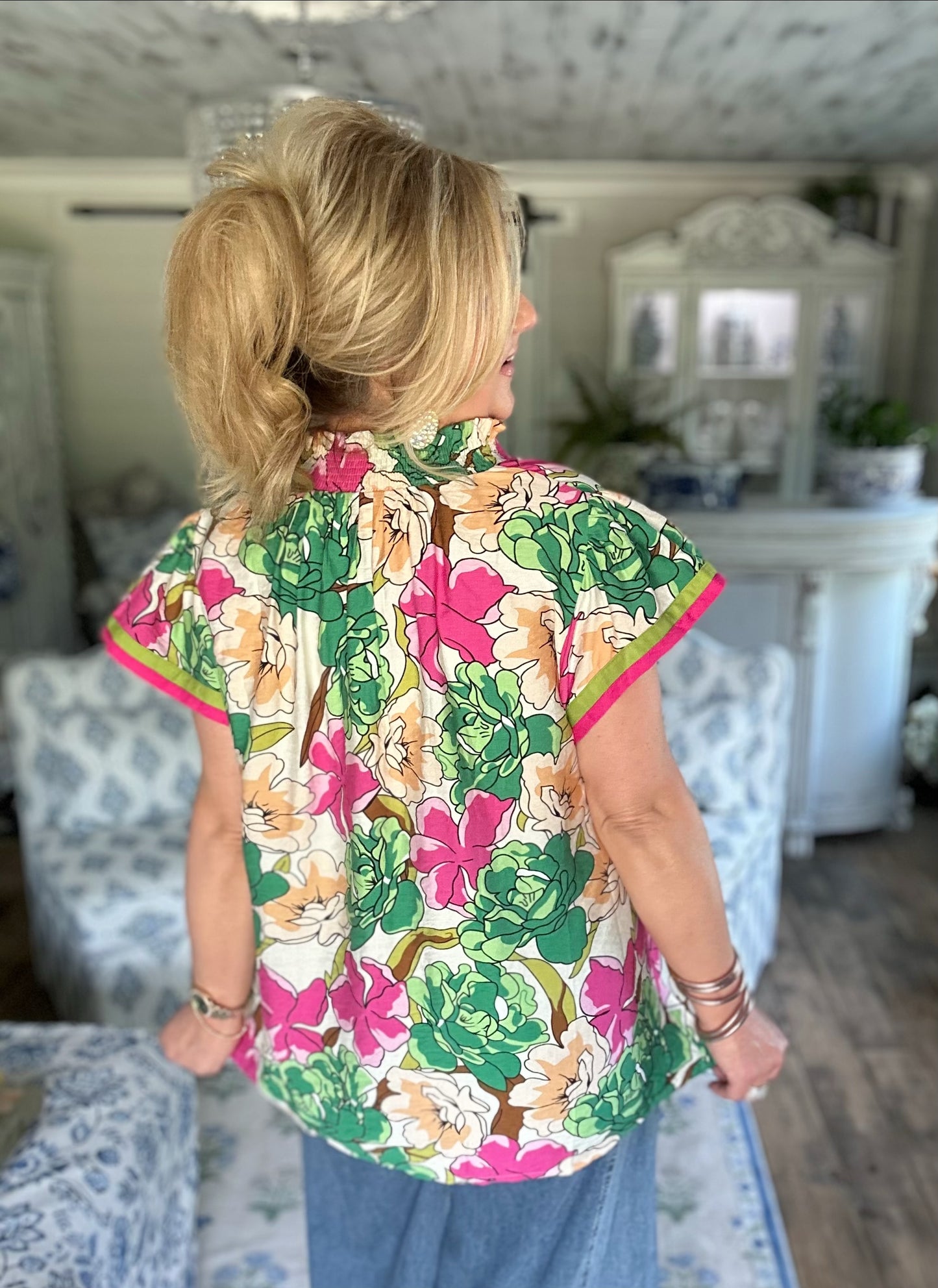 Green mix floral print blouse