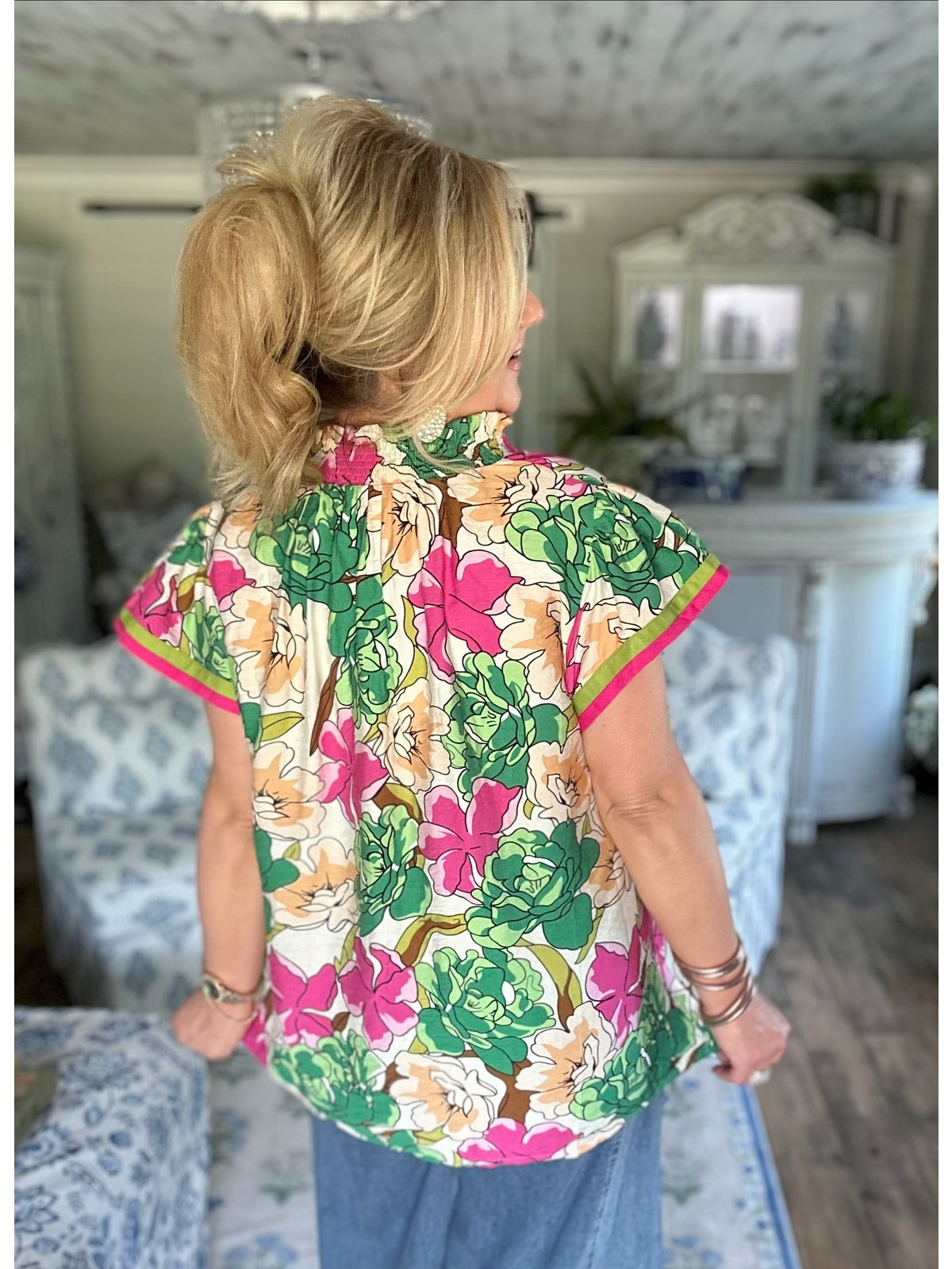 Green mix floral print blouse