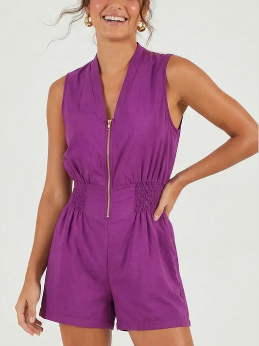 Viola Smocking Sleeveless Front Zip Romper