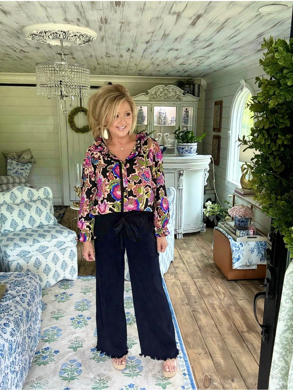 Black Mixed Floral Print Button Down Blouse