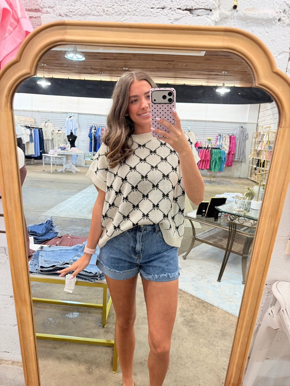 OATMEAL/BLACKBow Ribbon Pattern Dolman Light Weight Sweater Top