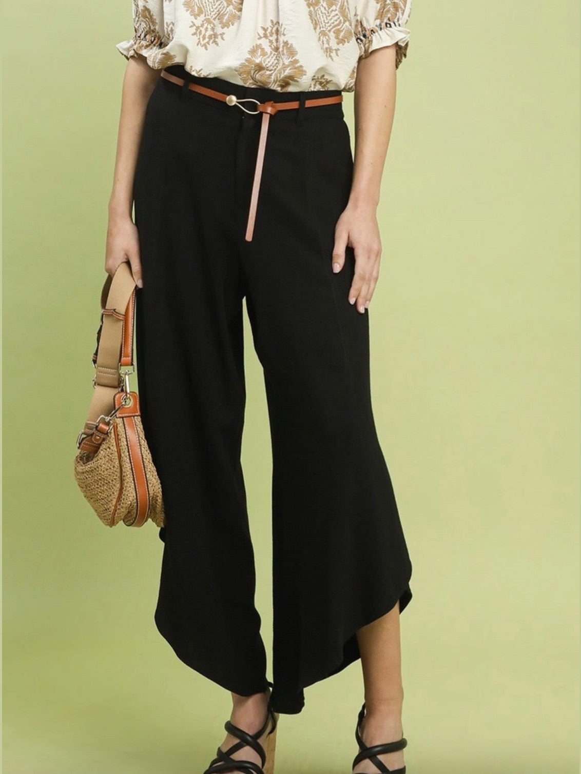 Black Flowy Asymmetrical Hem Wide Leg Pants