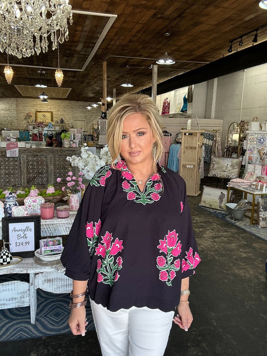 Black Bubble Sleeved Tulip Print Split V Neck Top