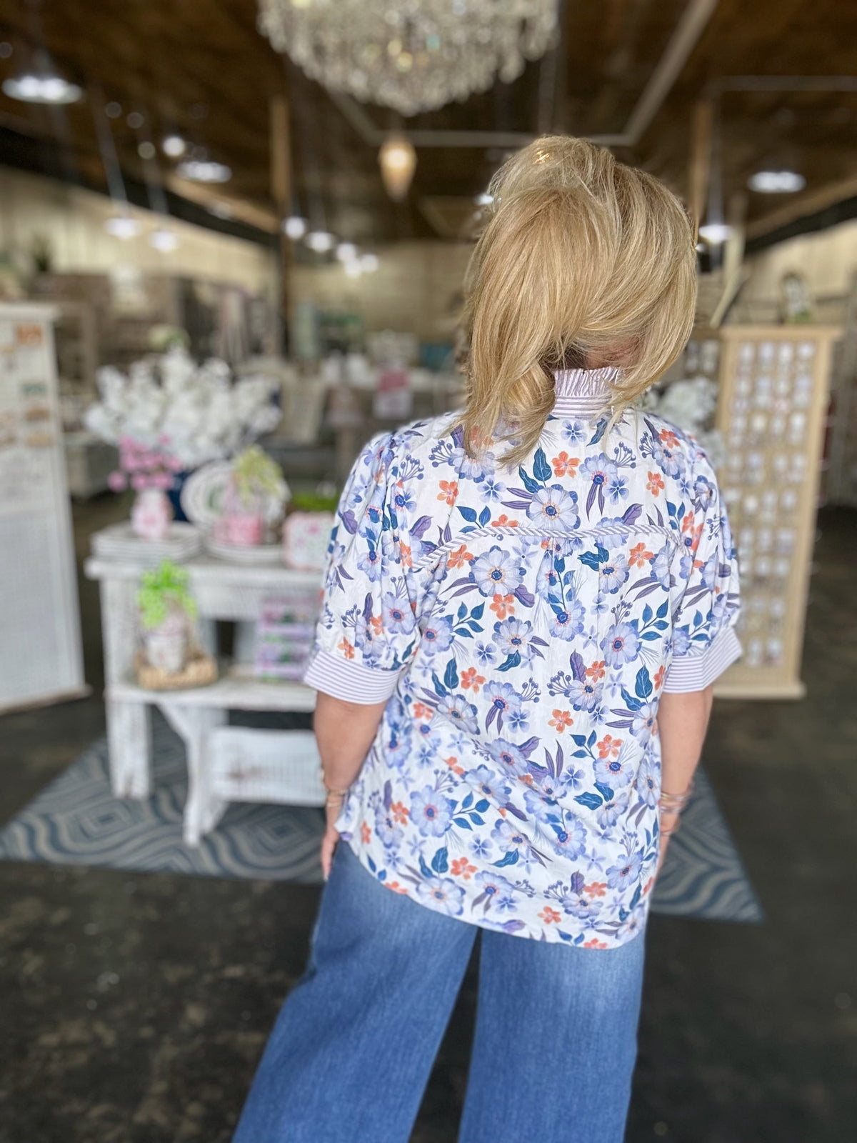Lavender Mix Floral Print Jacquard Ruffle Top