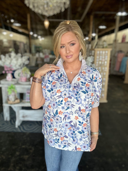 Lavender Mix Floral Print Jacquard Ruffle Top