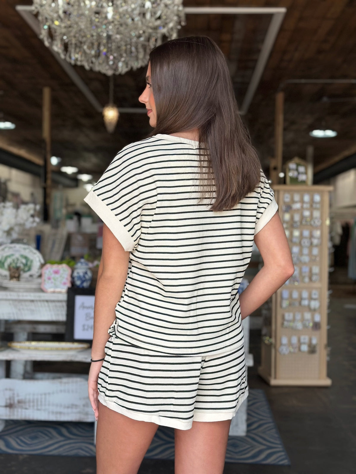 APRICOT STRIPED SHORT SLEEVE TOP & SHORTS LOUNGE SET