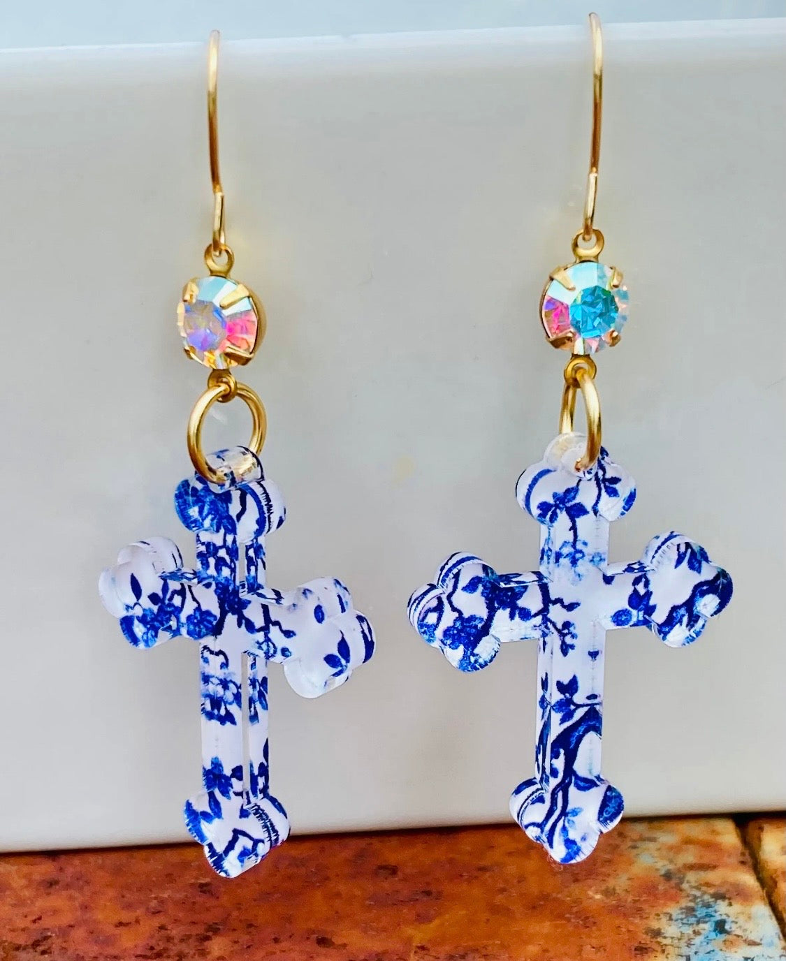 Blue and white floral chinoiserie cross earrings