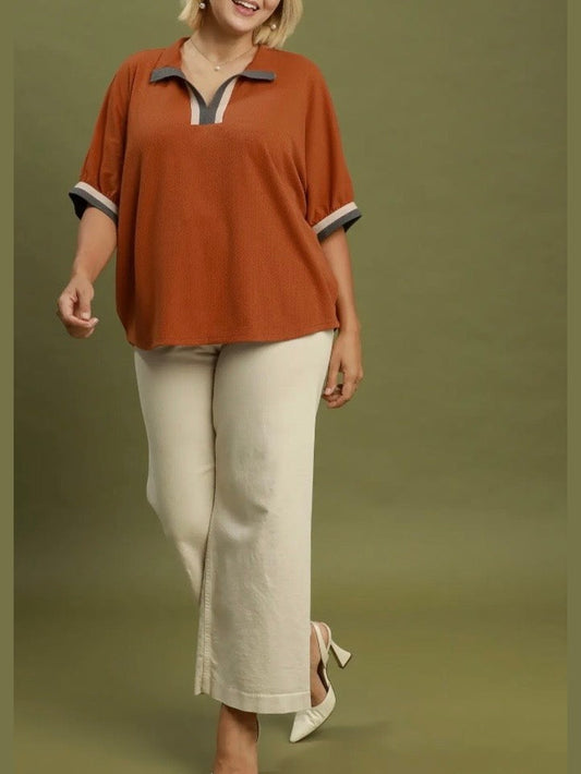 Rust Curvy Contrast Trim Collared Short Sleeve Knit Top