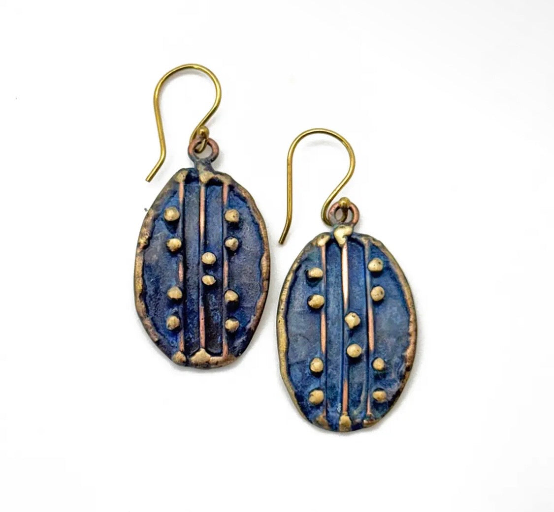 Handcrafted Navy Blue Dotted
Line Brass Patina Earrings