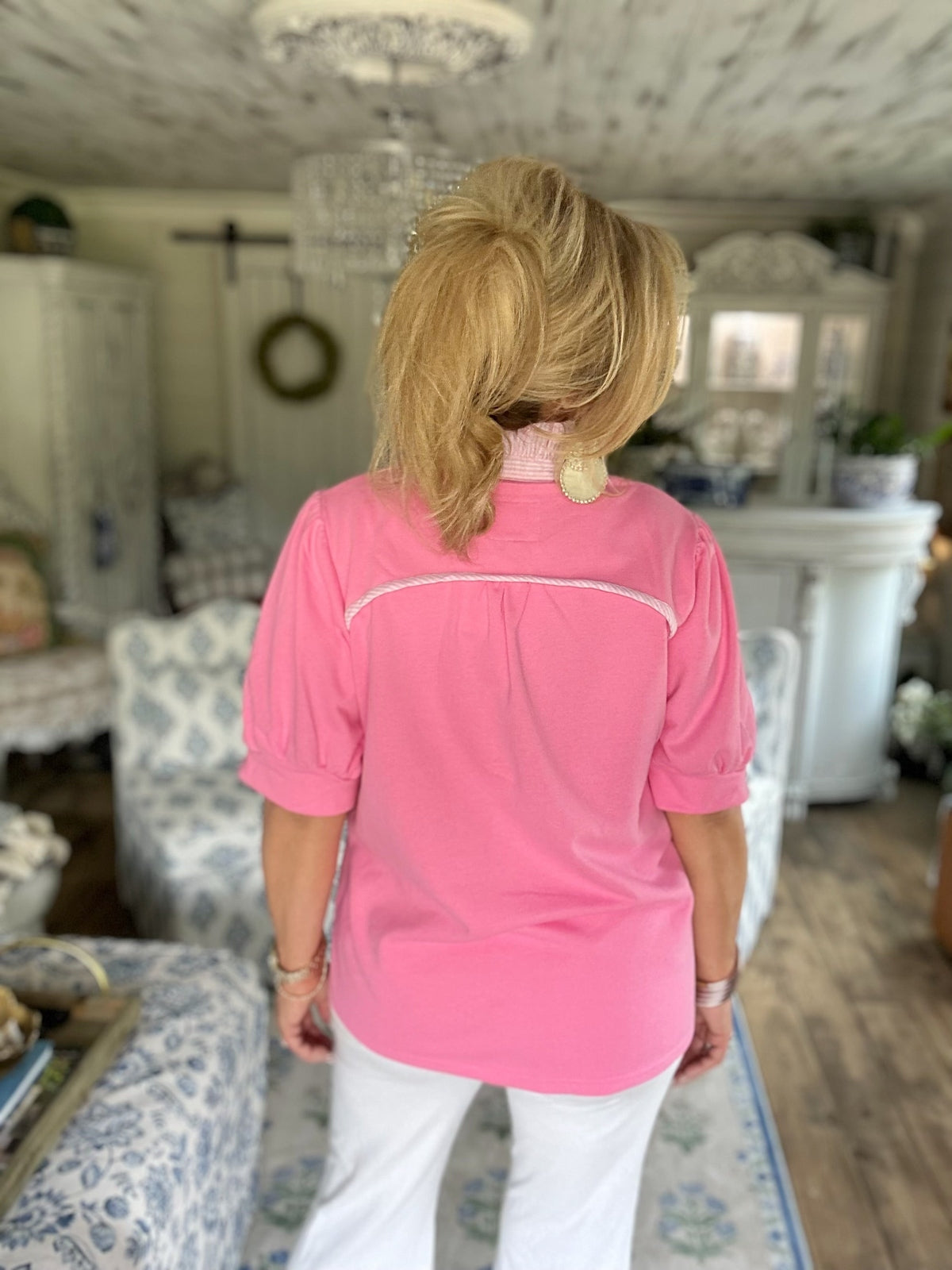 Bubble, pink, high ruffle neck top