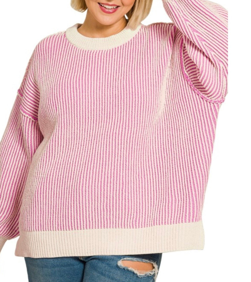 Candy Pink PLUS TWO TONE CREWNECK SWEATER
