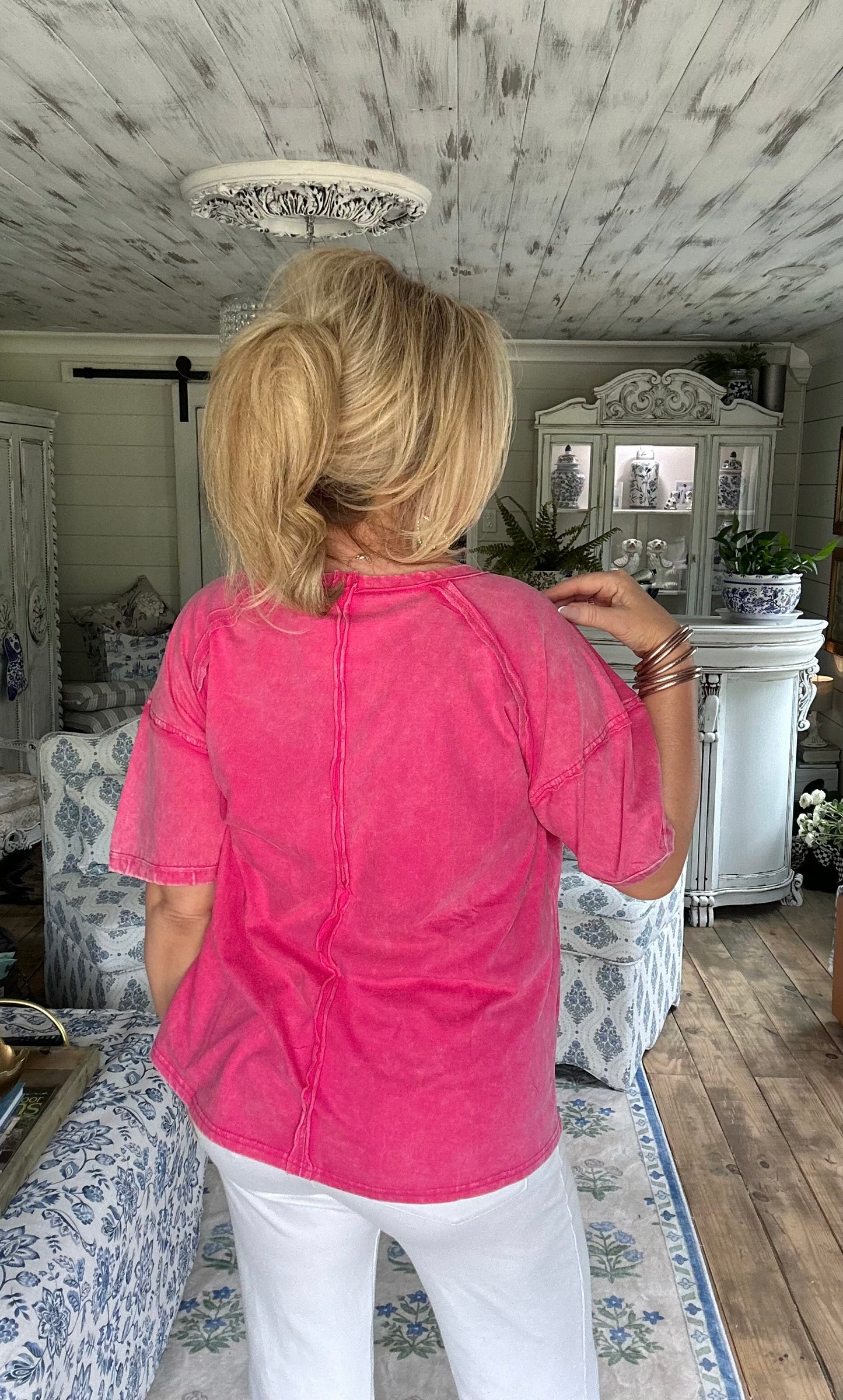 Hot pink acid wash round neck T-shirt