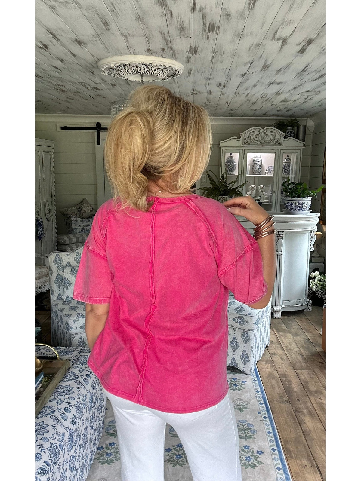 Hot pink acid wash round neck T-shirt