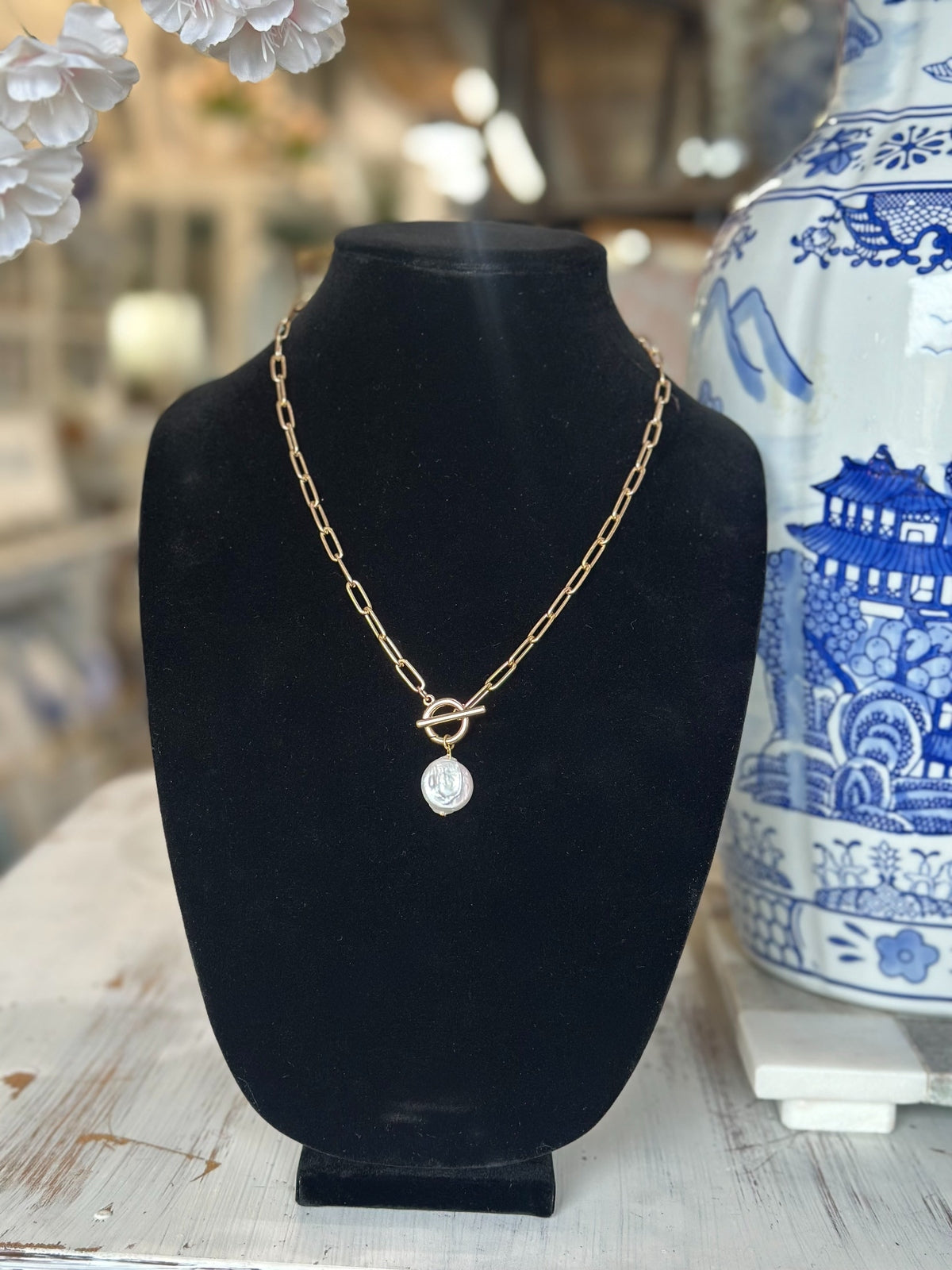 Gold Paperclip Chain Toggle Necklace with Carved Mother of Pearl Coin Pendant