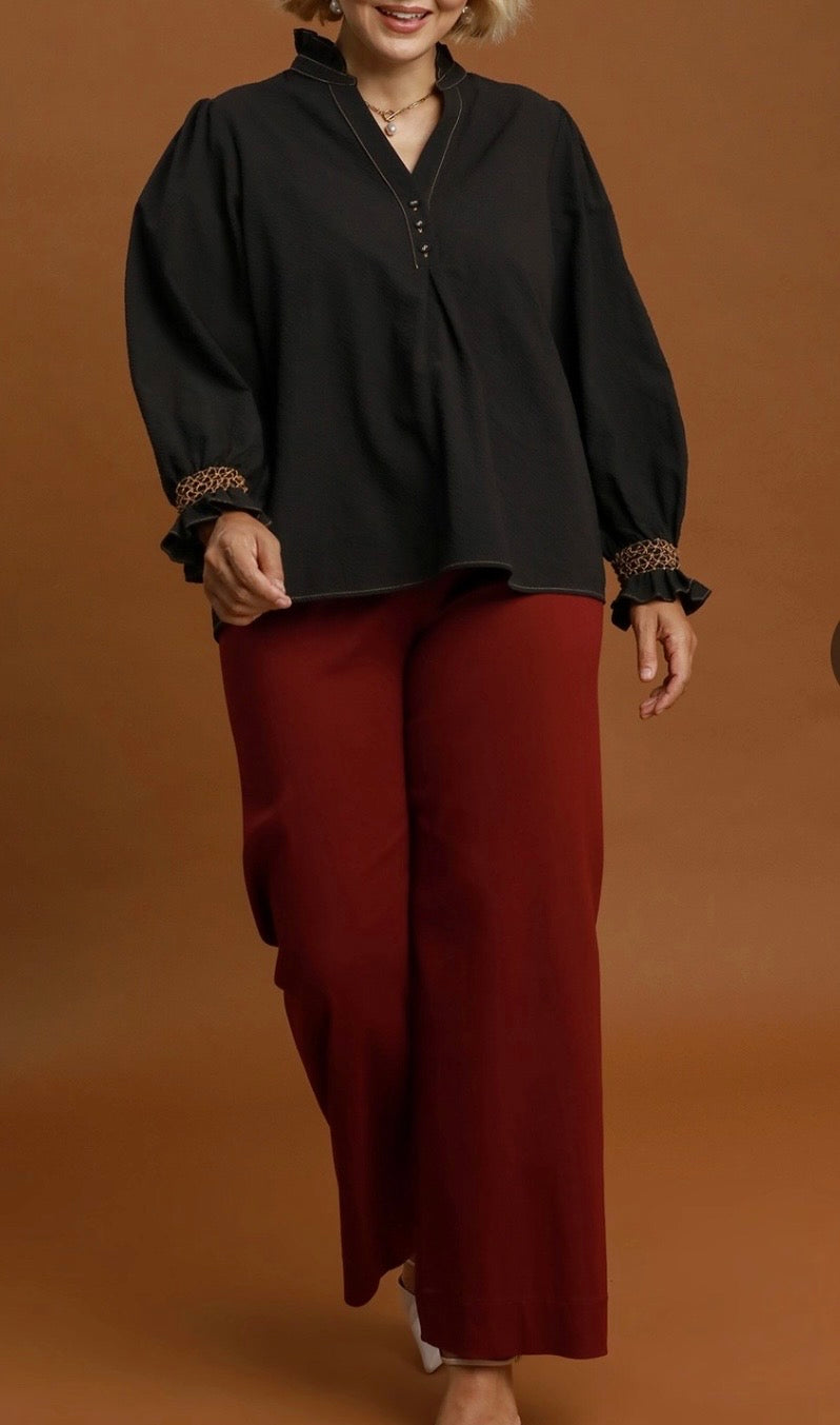 Black Chambray Blouse with Smocked Balloon Sleeves
