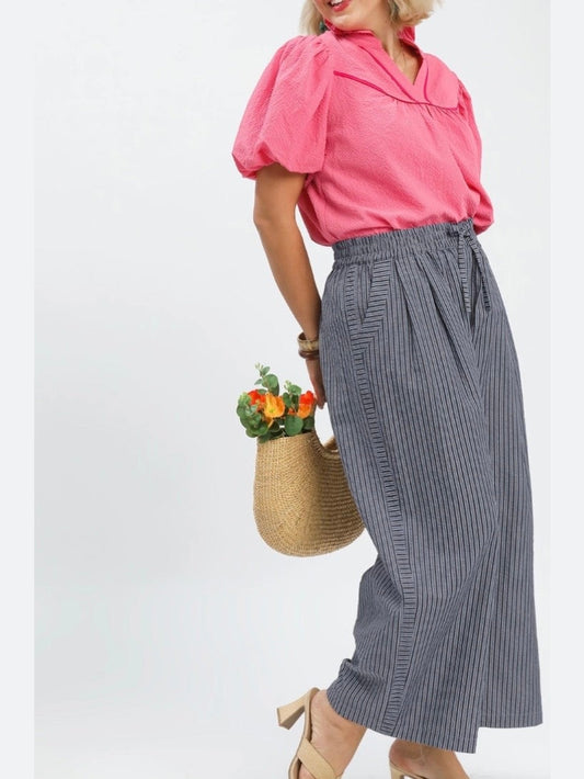 Navy striped wide leg pants