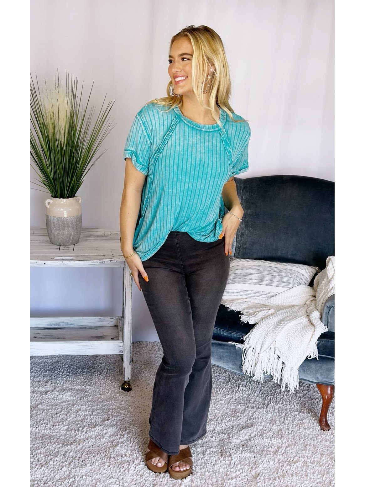 Ocean Whispers Ribbed Boat Neck Top