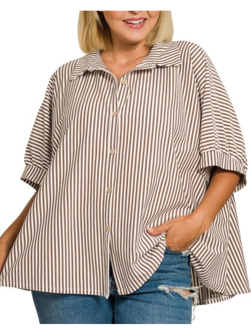Mocha plus oversized stripe button down, stretch knit shirt.