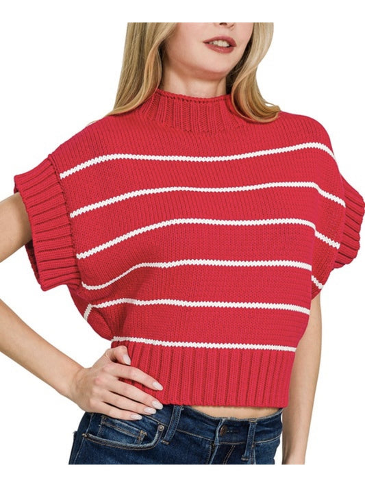 STRIPED CROPPED MOCK NECK SWEATER