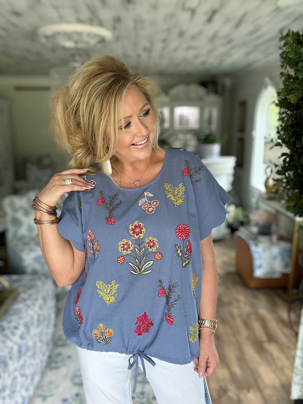 Denim embroidered botanical top