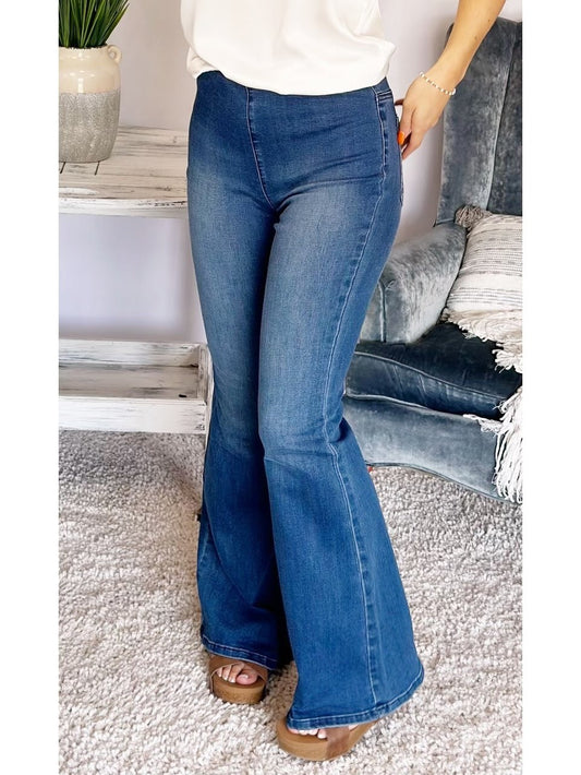 Shadow Denim Mid Rise Banded Wider Flare Jeans
