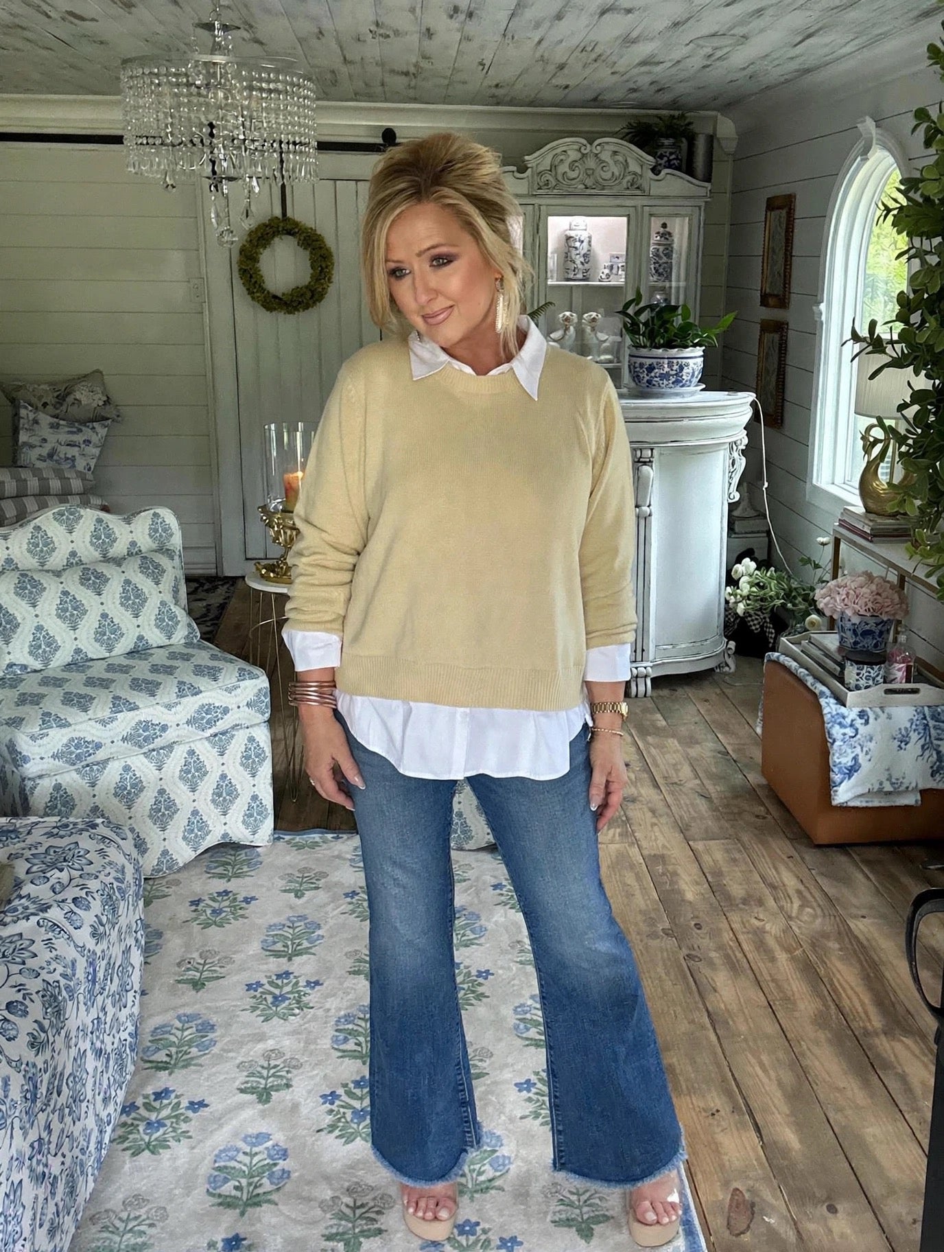 Plus Oatmeal-White Azira Mix Media Collared Sweater