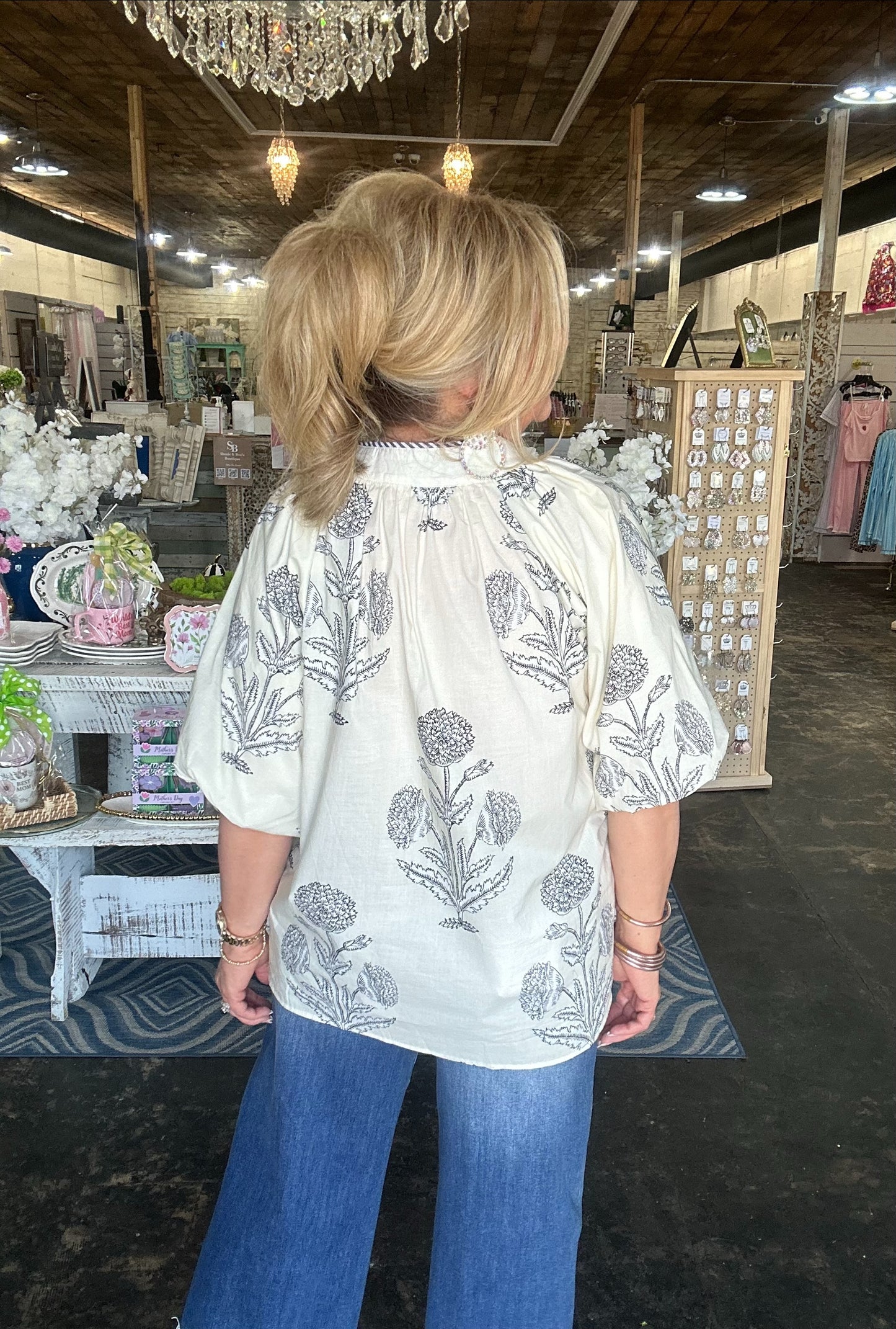Ecru/Black Floral V-neck Top