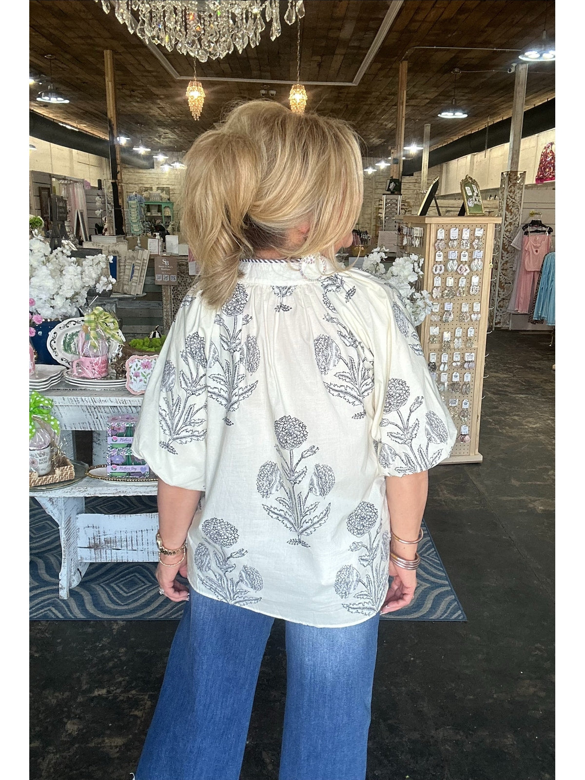 Ecru/Black Floral V-neck Top