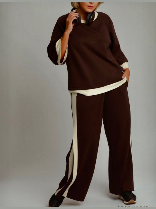 Coco Brown LUXEKNIT Colorblock Crewneck Raglan Sleeve Top & Pant Set