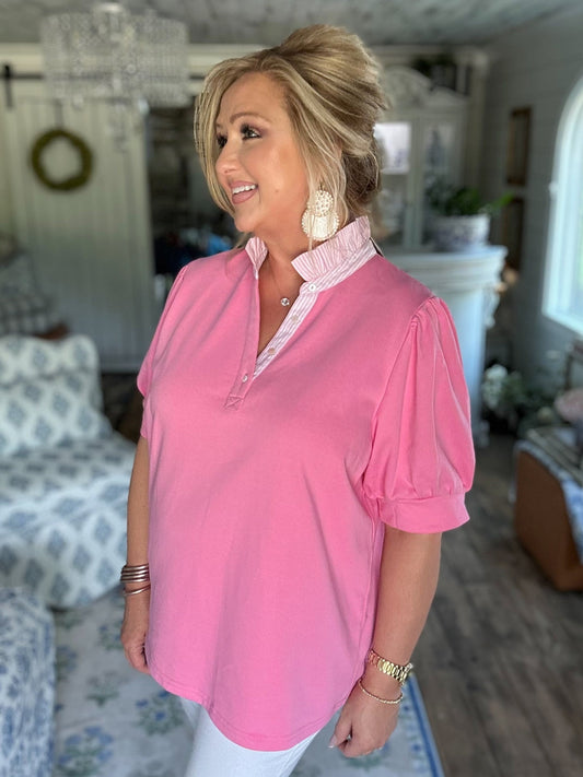 Bubble, pink, high ruffle neck top
