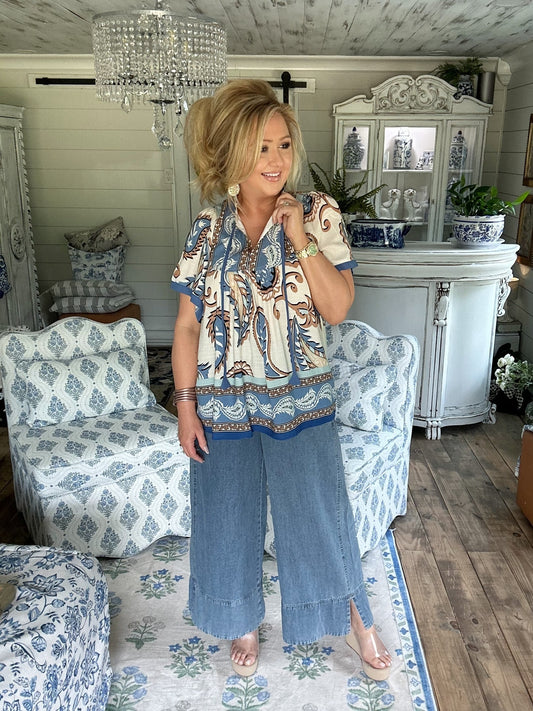 Blue mix paisley border print tassel top