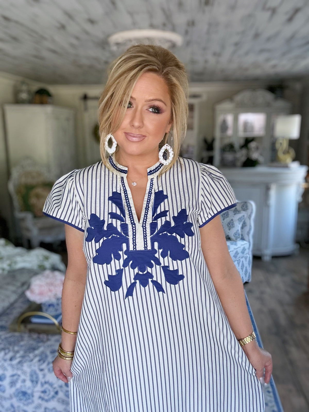 Stripe Midi Dress with Lace Trim