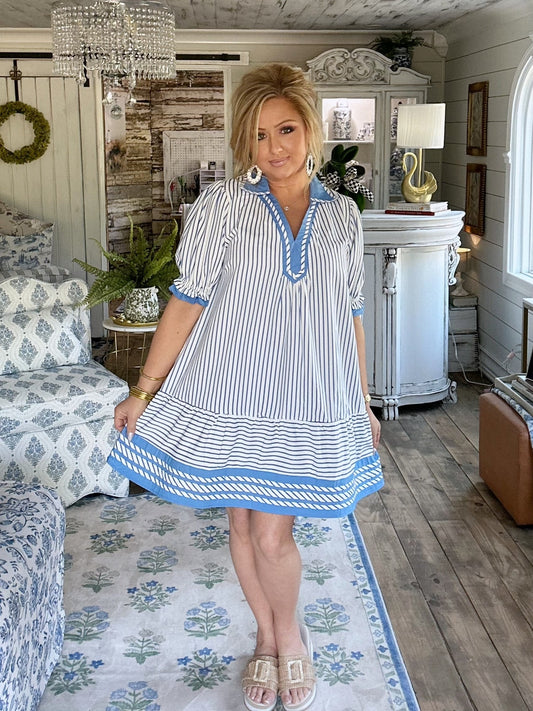Lt.Blue Striped Contrast Trim Tiered Mini Dress